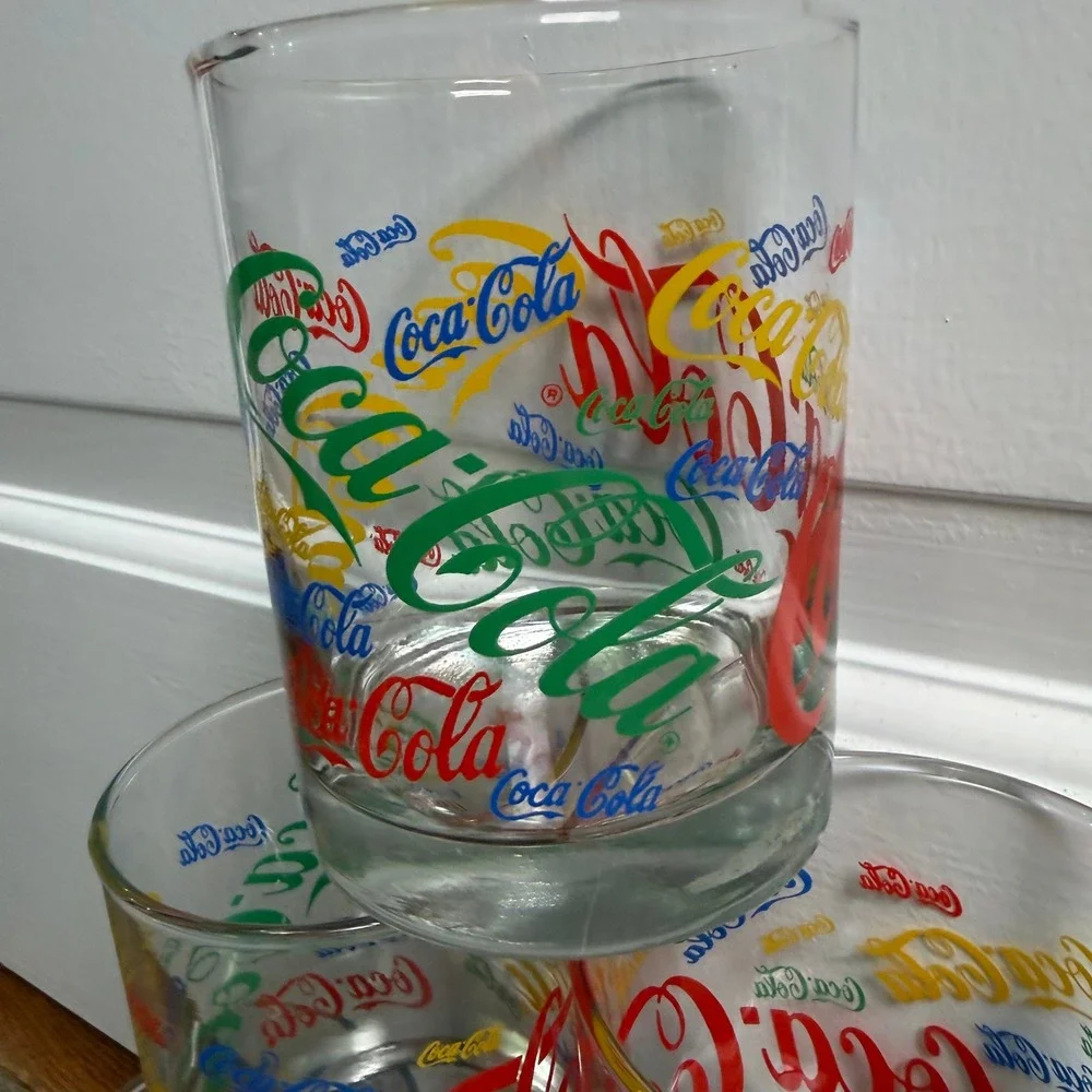 Vintage Coca-Cola Multi-Color All Over Print Glass‎ Tumblers Set of 6 Retro 4